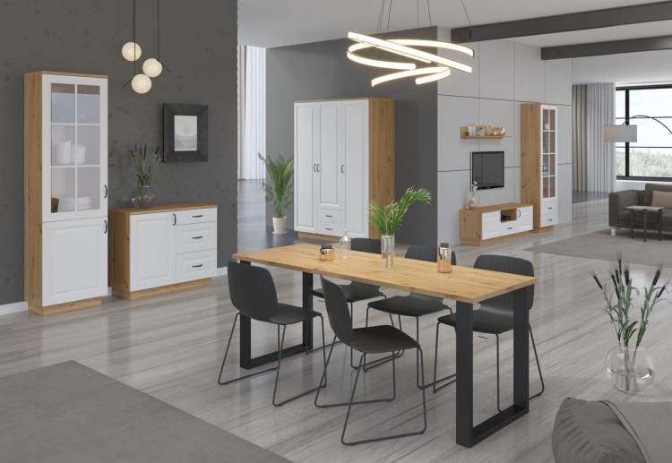 duży stół do jadalni dąb artisan 185x90 z czarnymi nogami w aranżacji z krzesłami tapicerowanymi